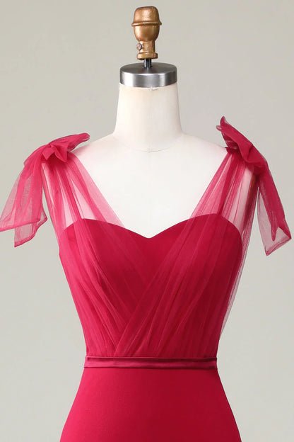 Bowtie fishtail satin wine red long bridesmaid dress