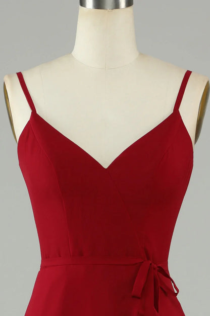 Wine red thin shoulder strap with ruffle edge chiffon long bridesmaid dress