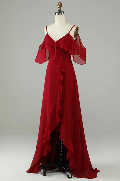 Asymmetric Ruffle Edge Cold Shoulder Wine Red Long Bridesmaid Dress