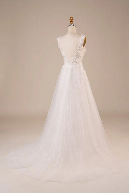 Shiny sheer beaded sleeveless off shoulder ivory and floor length off back wedding dress