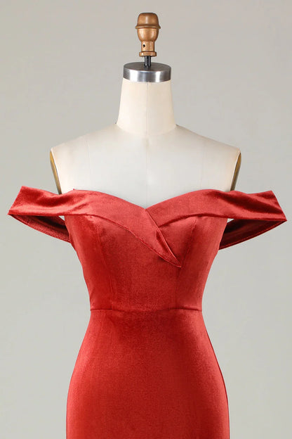 Velvet Off Shoulder Crimson Bridesmaid Dress