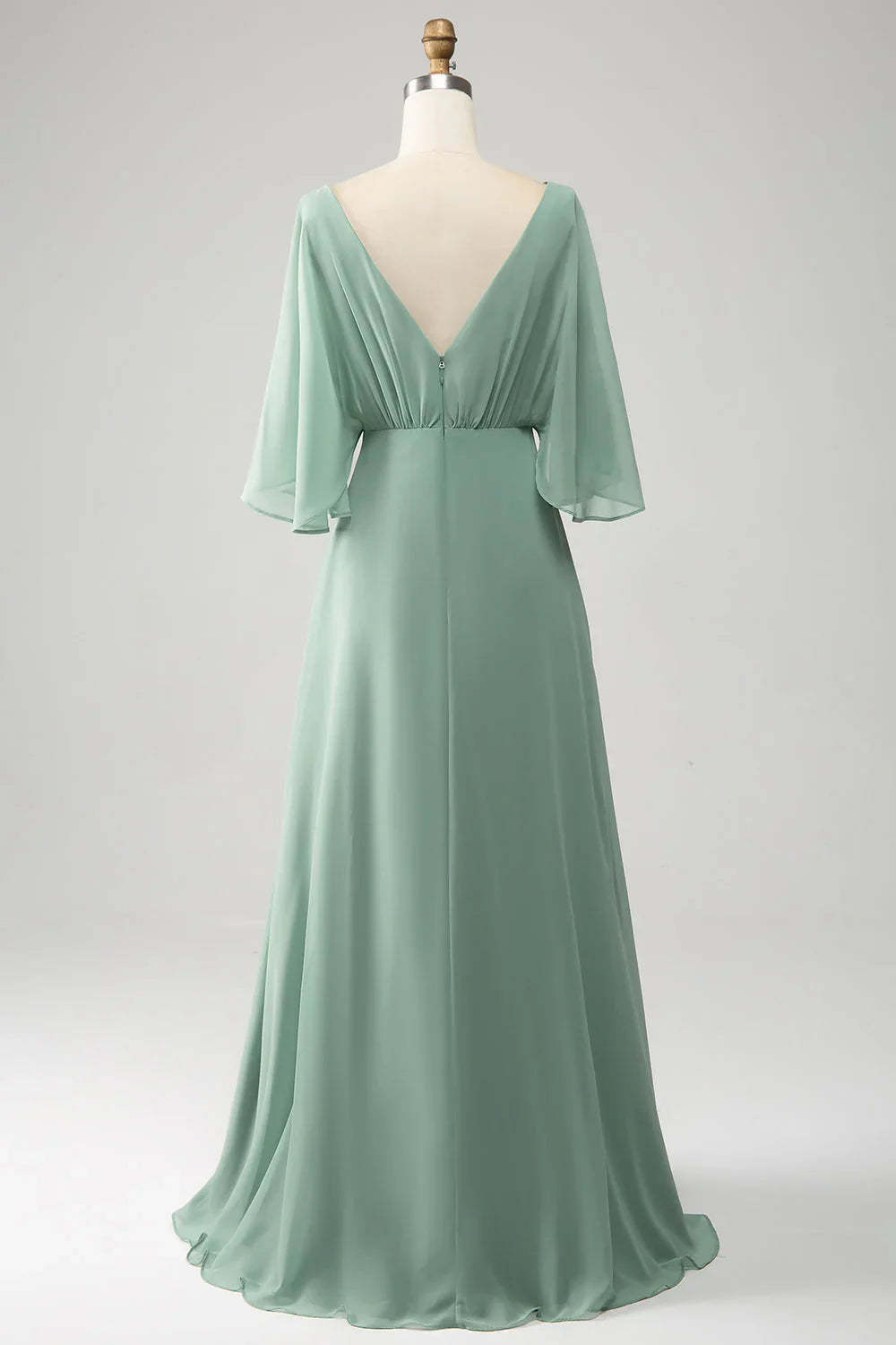 Matcha Batwing Sleeves Long Chiffon Split Bridesmaid Dress