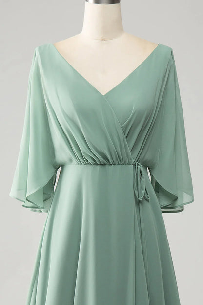 Matcha Batwing Sleeves Long Chiffon Split Bridesmaid Dress