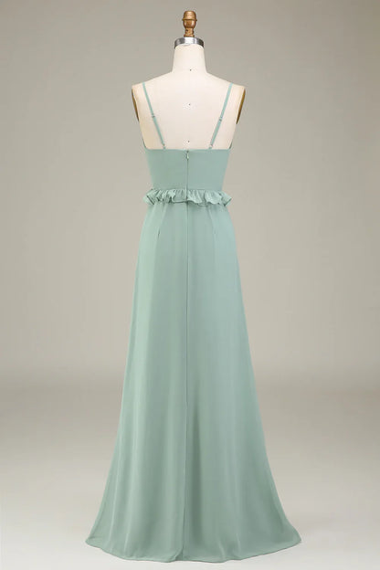 Eucalyptus A-line V-neck ruffled chiffon bridesmaid dress