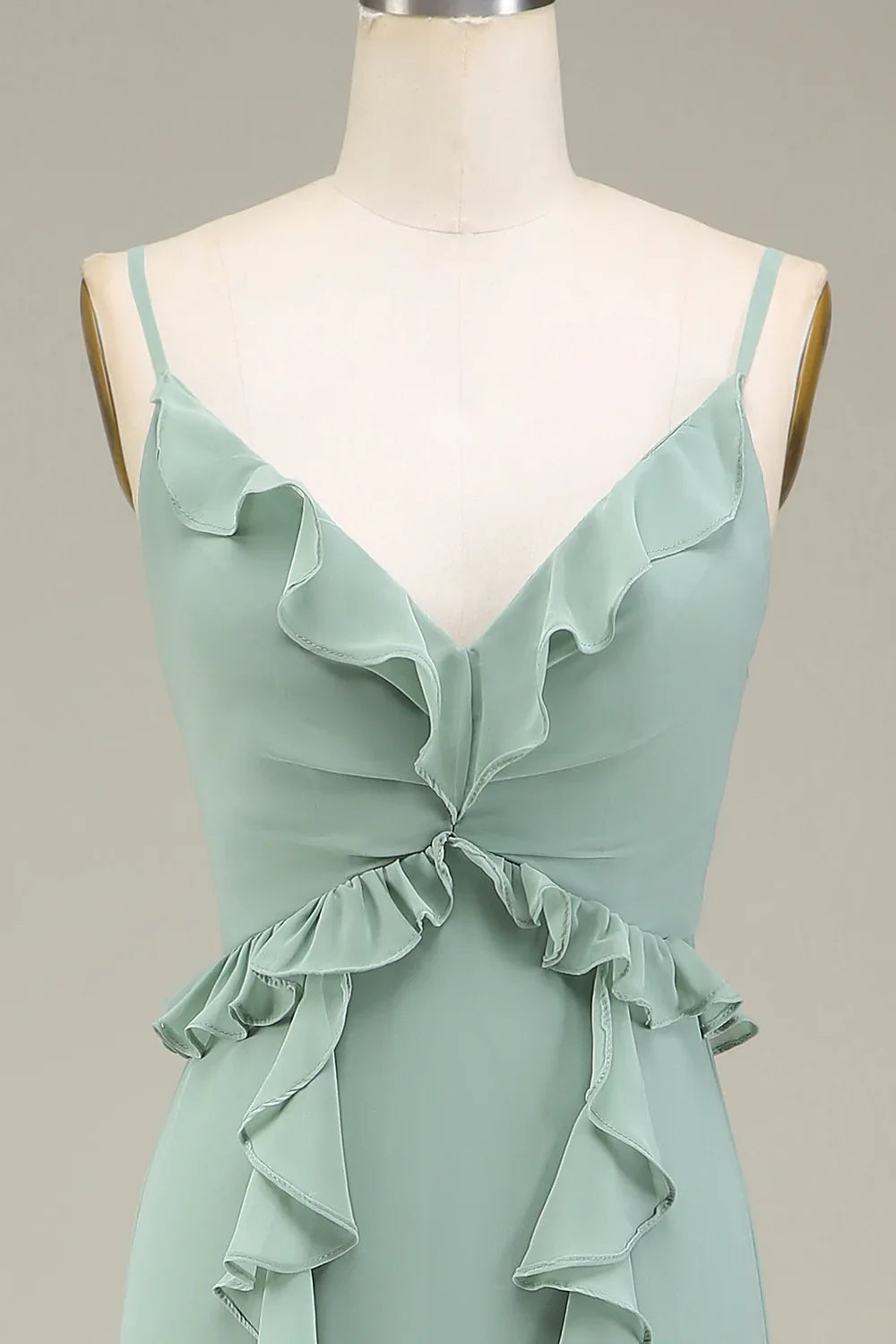 Eucalyptus A-line V-neck ruffled chiffon bridesmaid dress