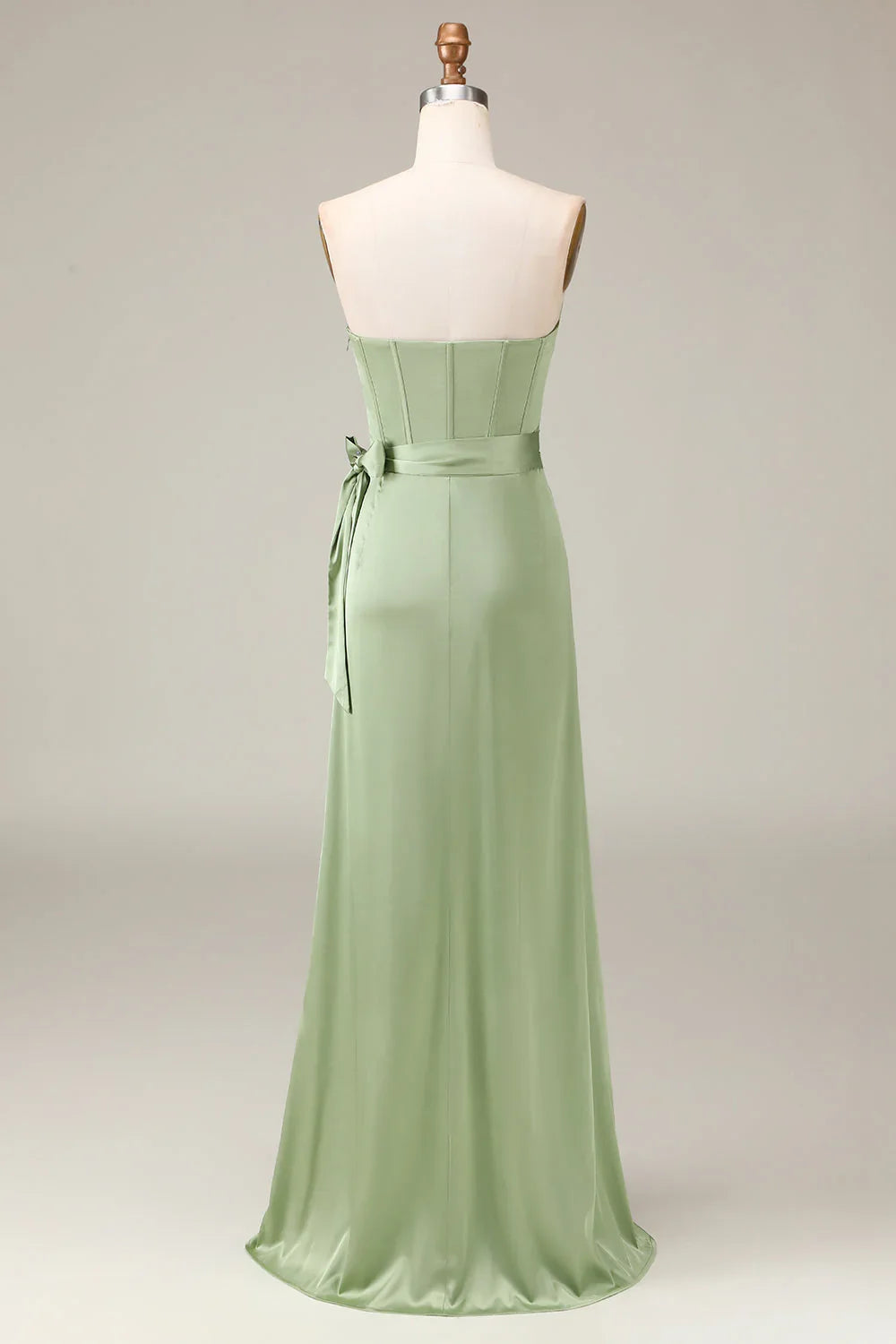 Matcha strapless tight fitting corset with A-line slit satin bridesmaid dress