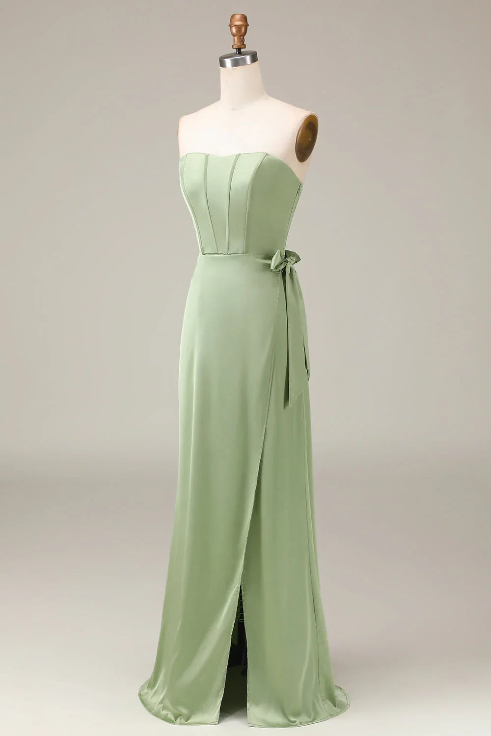 Matcha strapless tight fitting corset with A-line slit satin bridesmaid dress