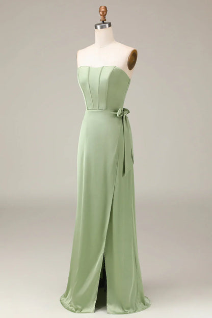 Matcha strapless tight fitting corset with A-line slit satin bridesmaid dress