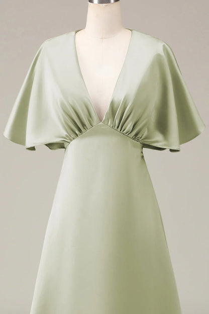A-line V-neck short sleeved satin bridesmaid dress