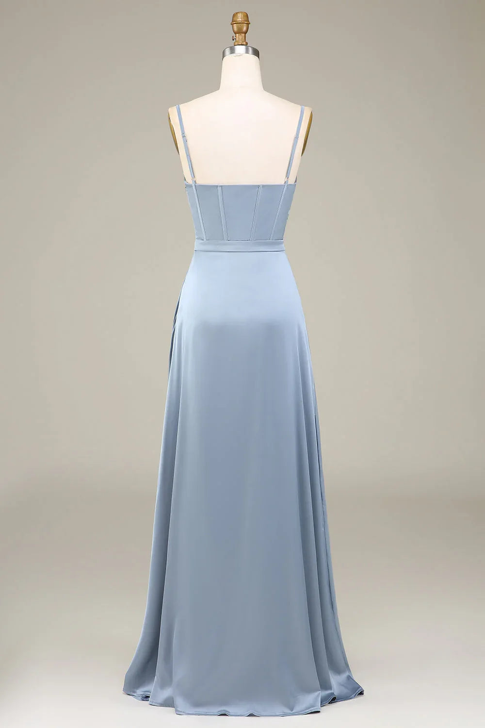 Grey blue A-line thin shoulder strap satin long bridesmaid dress