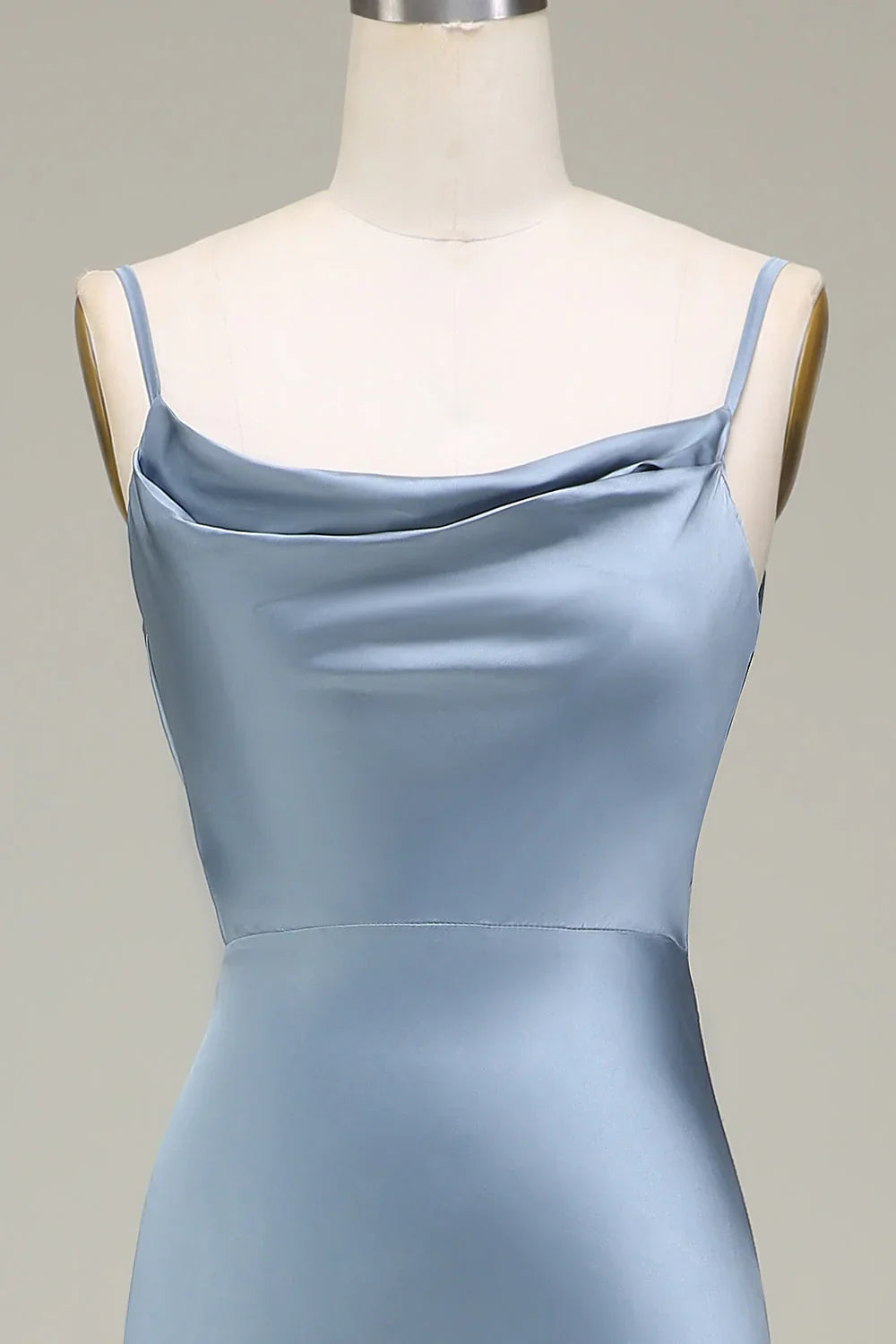 Grey blue tight fitting thin shoulder strap satin long bridesmaid dress
