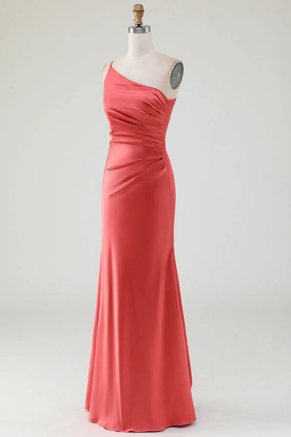 Red earth one shoulder ground pleated satin bridesmaid dress