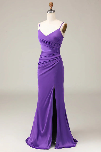Purple thin shoulder strap V-neck tight slit satin bridesmaid dress