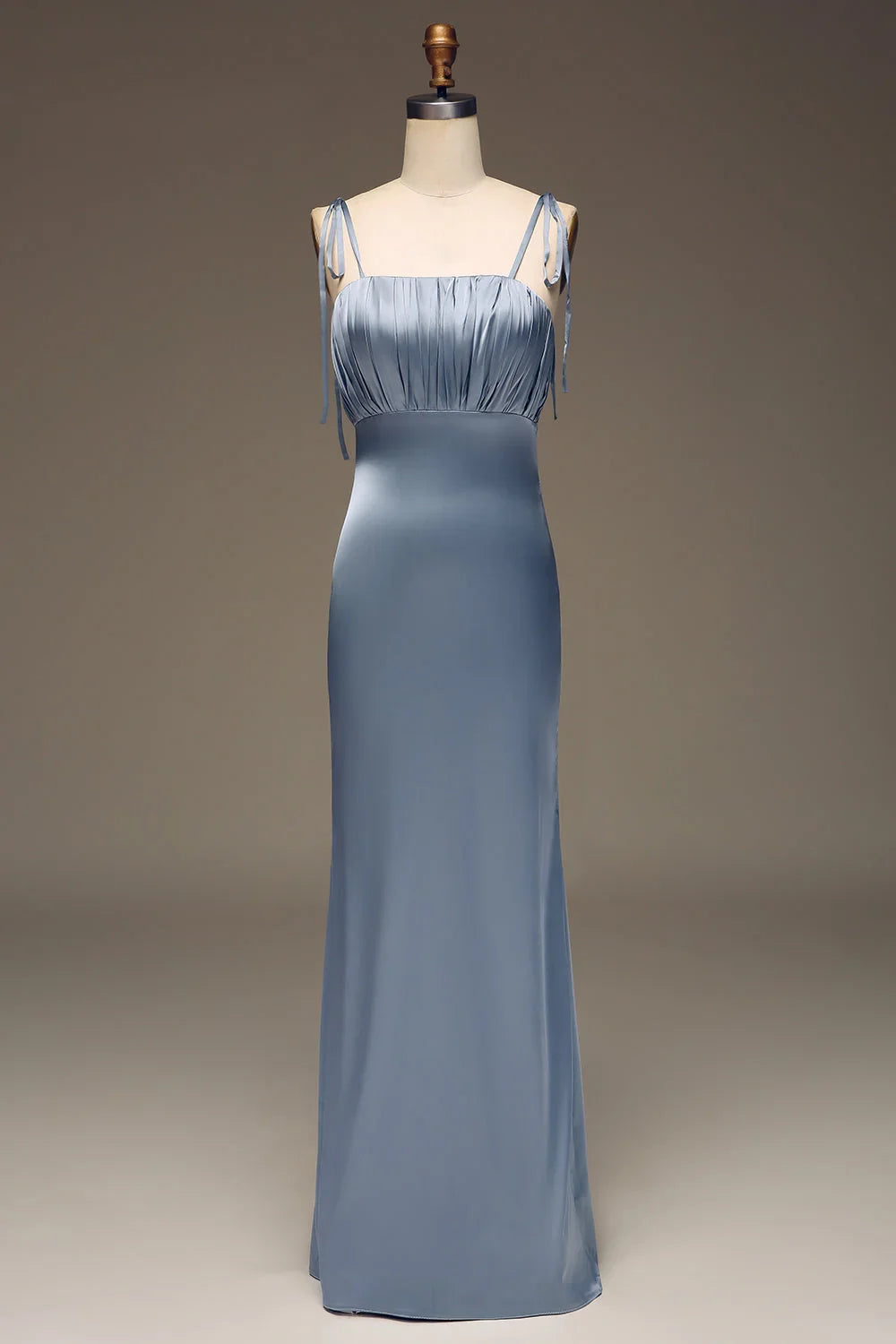 Grey blue slim shoulder strap tight satin pleated bridesmaid dress