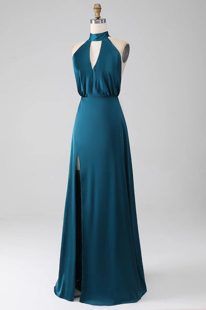 Peacock A-shaped hanging neck long slit bridesmaid dress