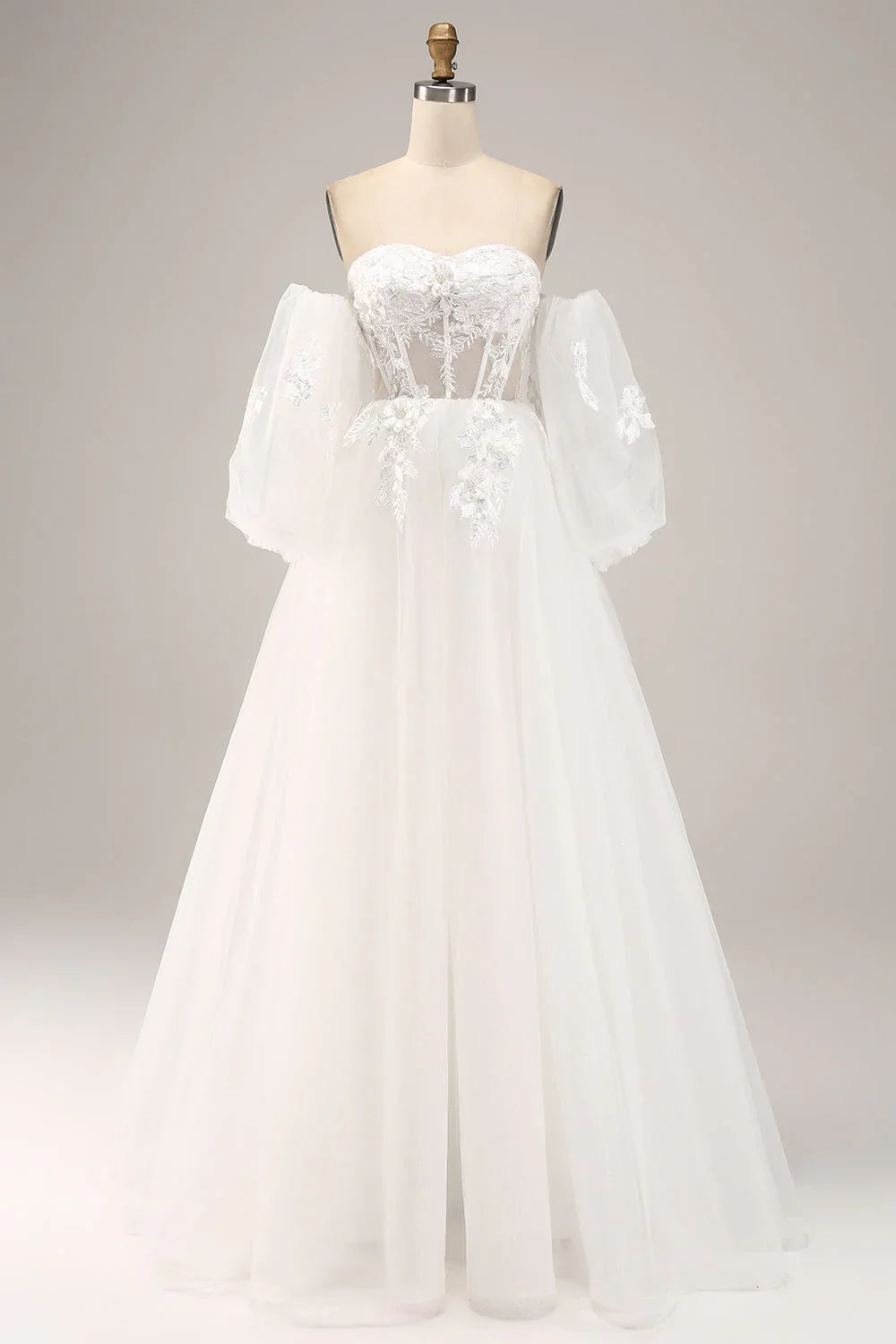 Decal off shoulder sheer and floor length off back wedding dress