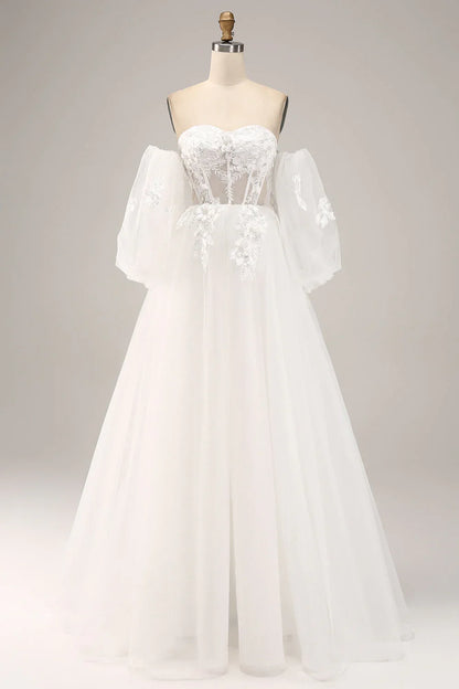 Decal off shoulder sheer and floor length off back wedding dress