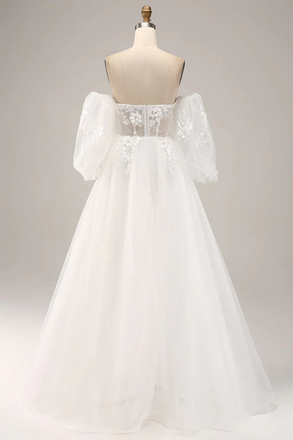 Decal off shoulder sheer and floor length off back wedding dress