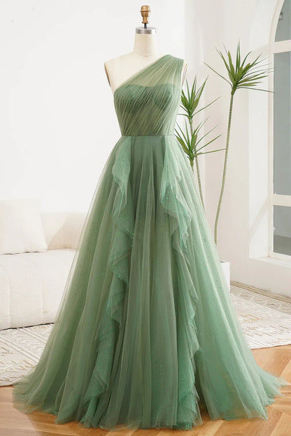 A Line Navy Blue One Shoulder Chiffon Long Ball Dress