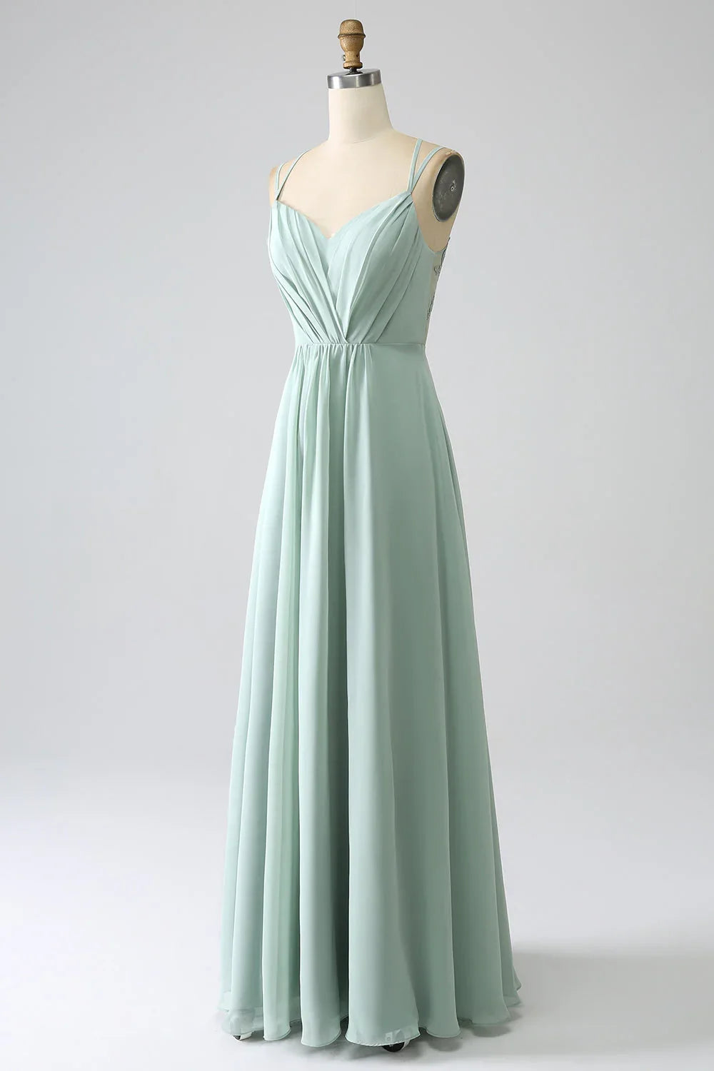 Matcha A-line thin shoulder strap backless pleated long bridesmaid dress