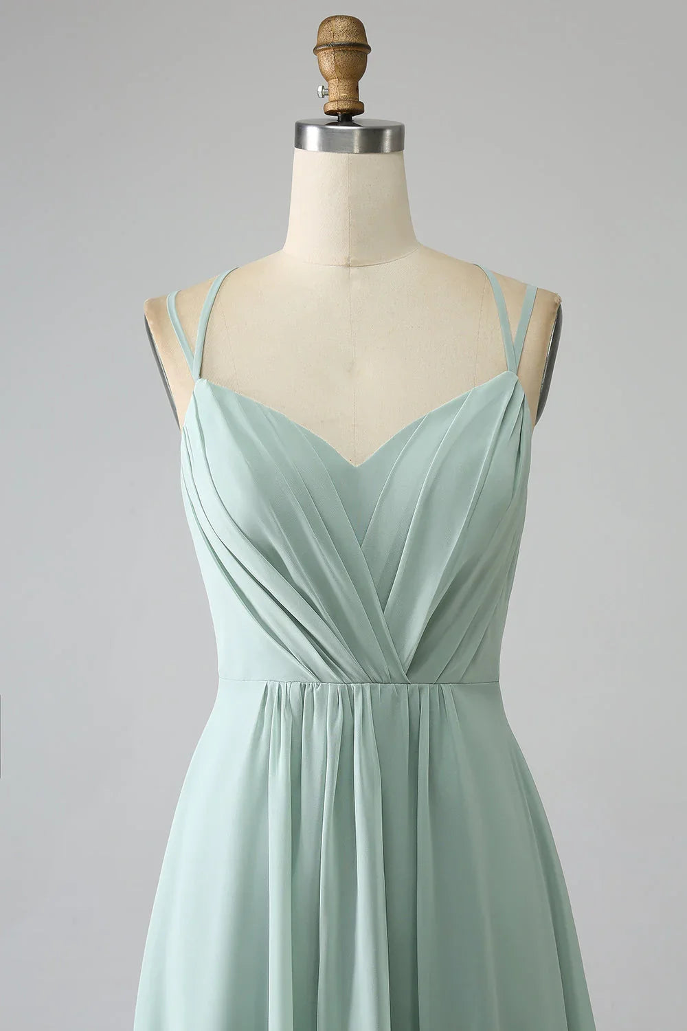 Matcha A-line thin shoulder strap backless pleated long bridesmaid dress