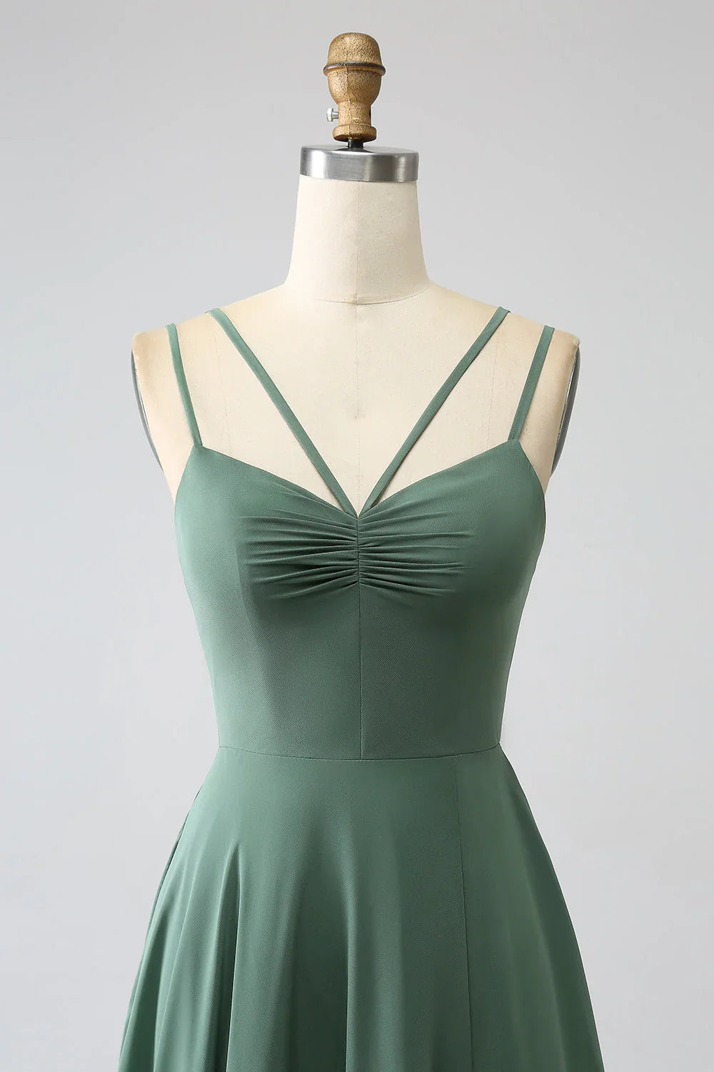 Eucalyptus A-line thin shoulder strap backless pleated long bridesmaid dress