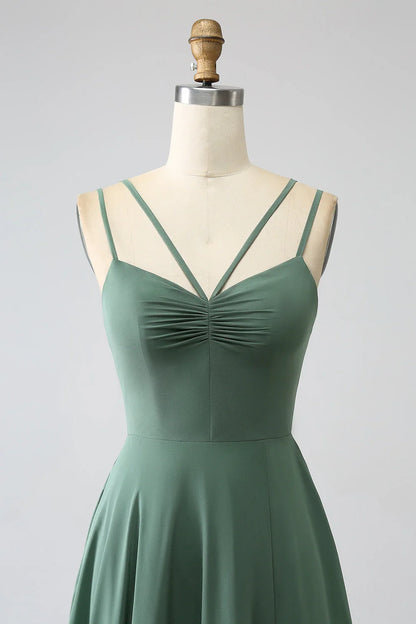 Eucalyptus A-line thin shoulder strap backless pleated long bridesmaid dress