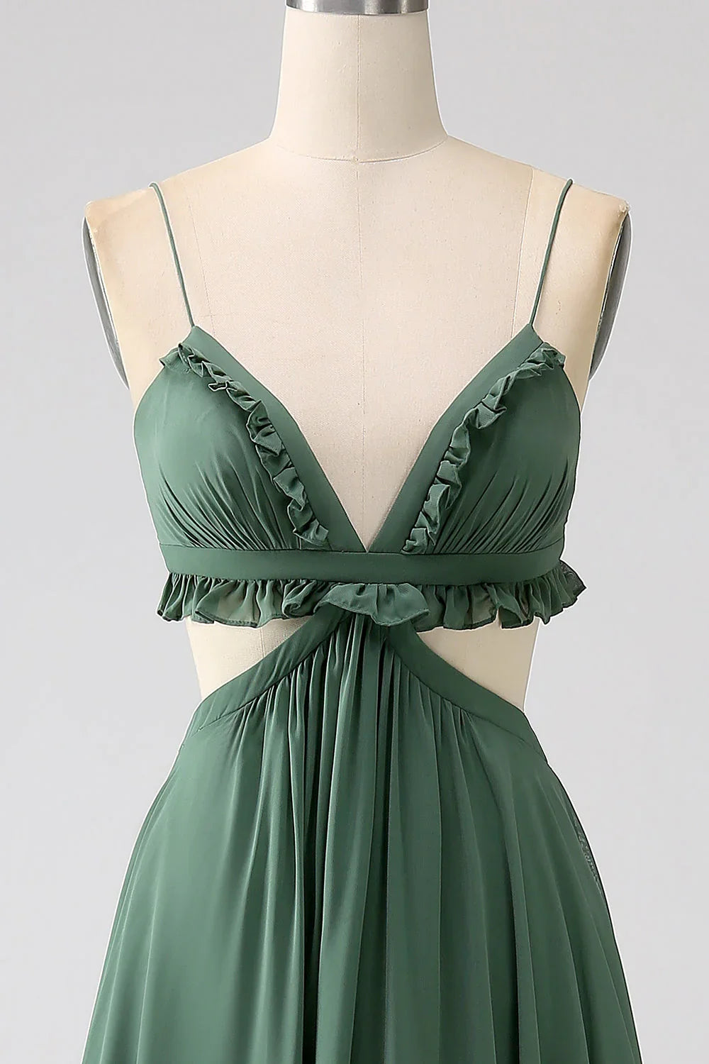 Thin shoulder strap with ruffle edge, green hollow out long bridesmaid dress