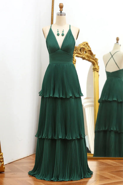 Deep green layered V-neck slim shoulder ball gown