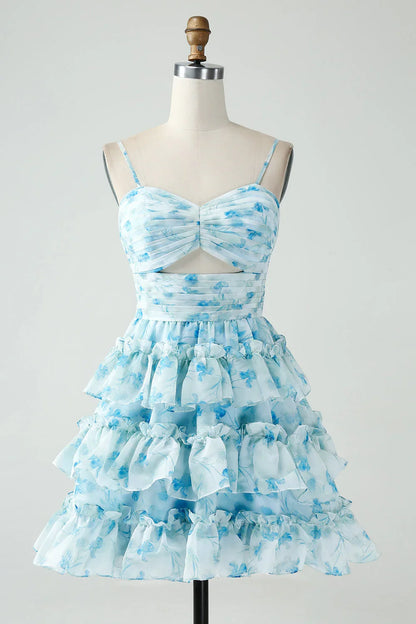 Vintage Light Blue Floral Design A-line Spaghetti Strap Tiered Homecoming Dress TP3455