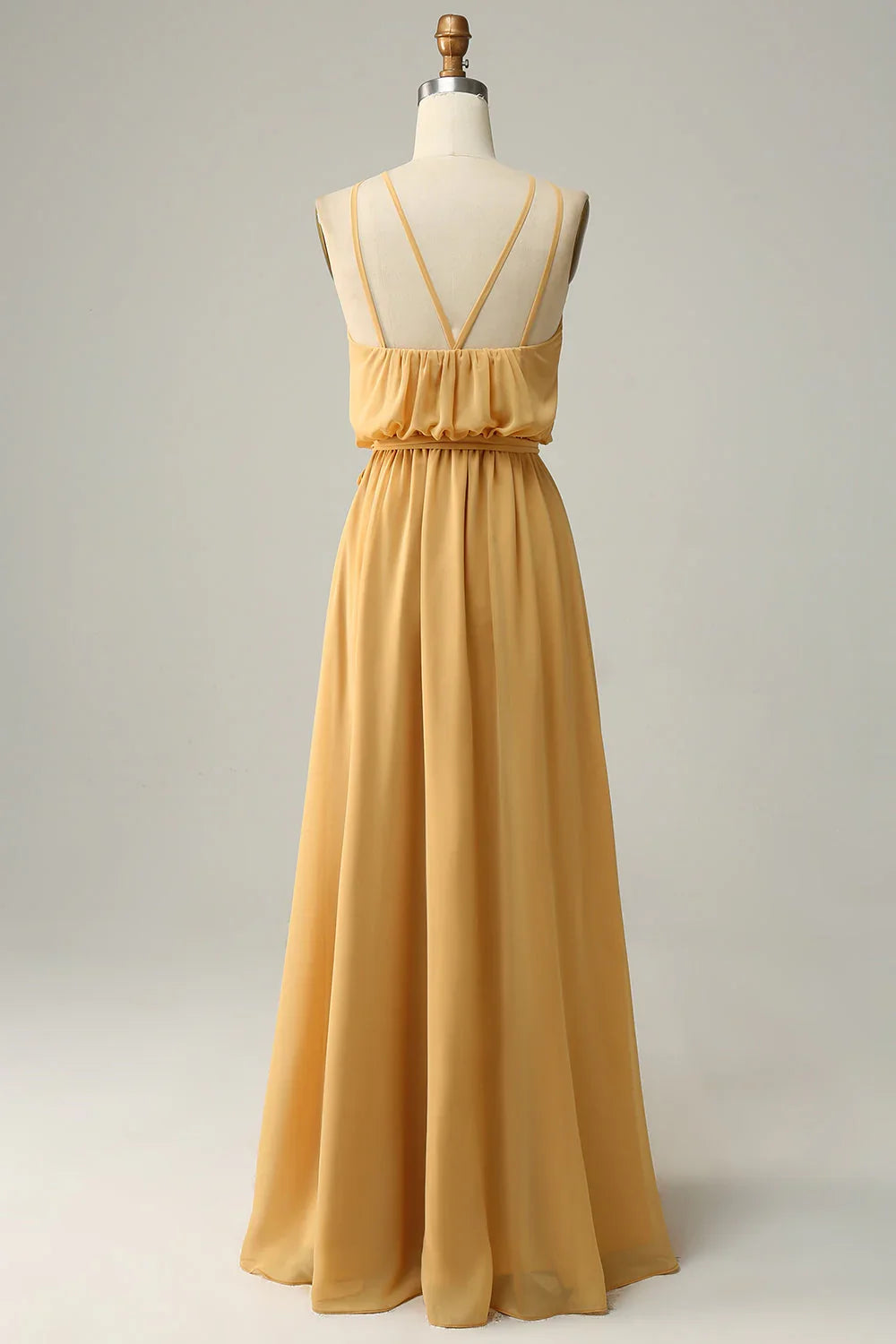 Bow A-line neck hanging yellow long bridesmaid dress