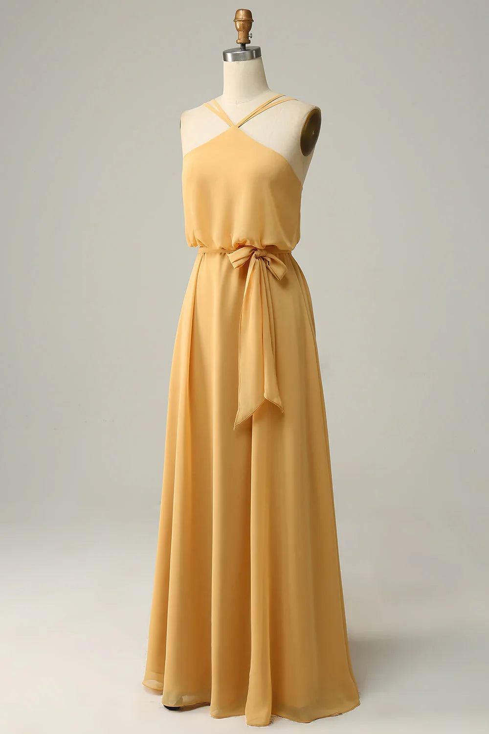 Bow A-line neck hanging yellow long bridesmaid dress