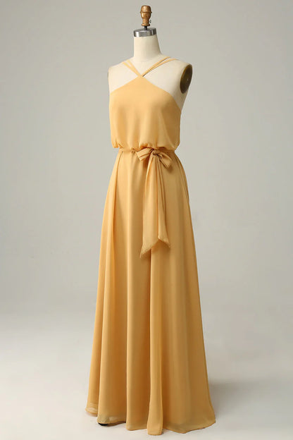 Bow A-line neck hanging yellow long bridesmaid dress