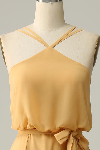 Bow A-line neck hanging yellow long bridesmaid dress
