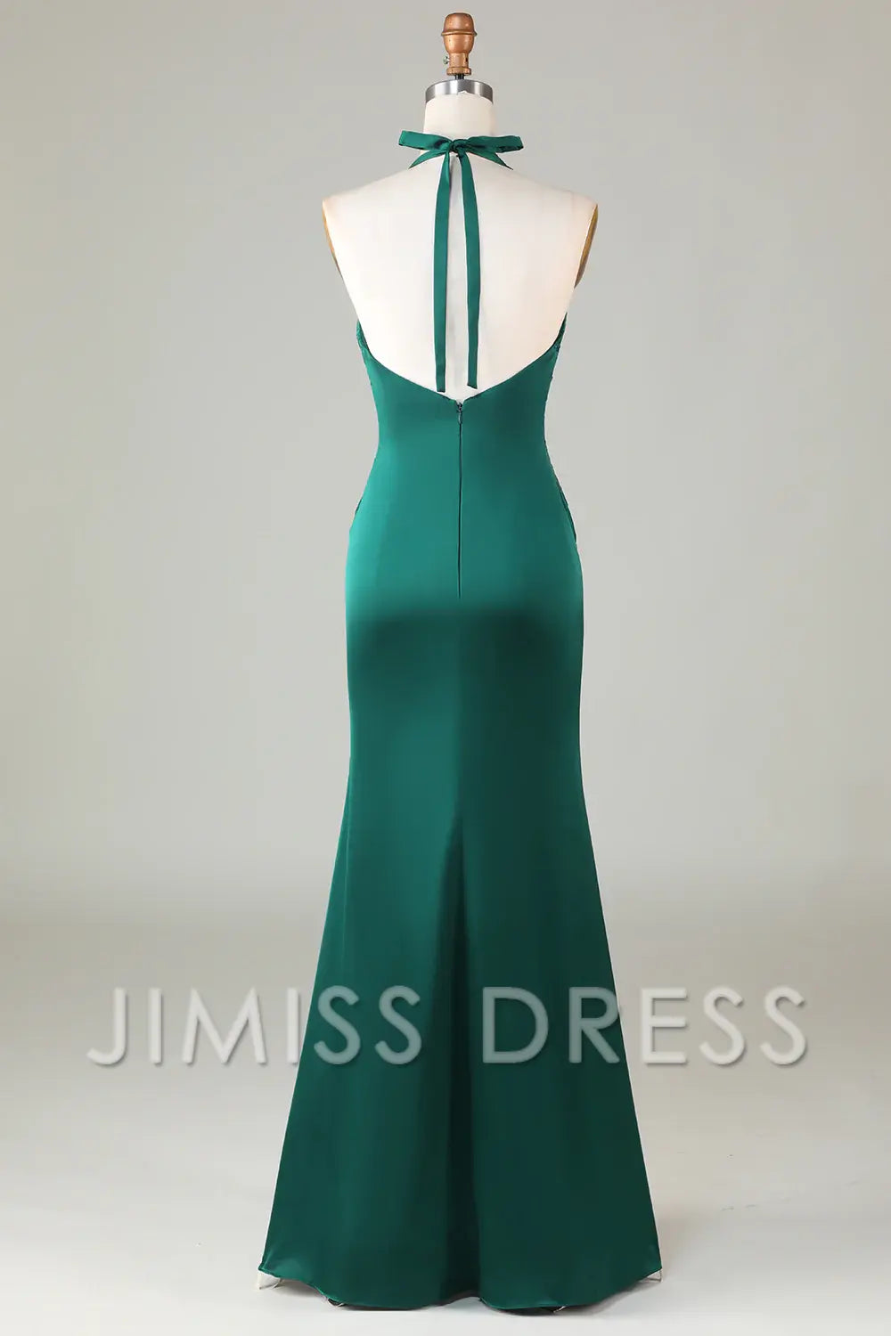 Elegant Mermaid Hanging Neck Sleeveless Deep Green Back Zip Floor-Length Satin Bridesmaid Dress