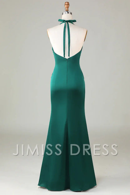 Elegant Mermaid Hanging Neck Sleeveless Deep Green Back Zip Floor-Length Satin Bridesmaid Dress