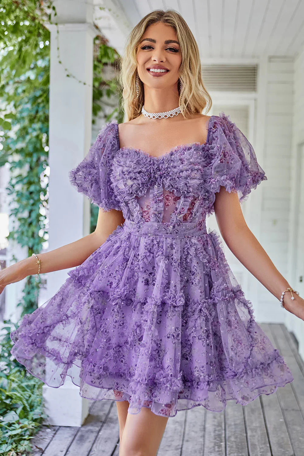 Fashion Off-the-shoulder Floral Design A-line Tiered Homecoming Dress TP3652