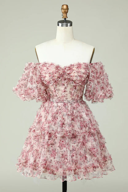 Fashion Off-the-shoulder Floral Design A-line Tiered Homecoming Dress TP3652