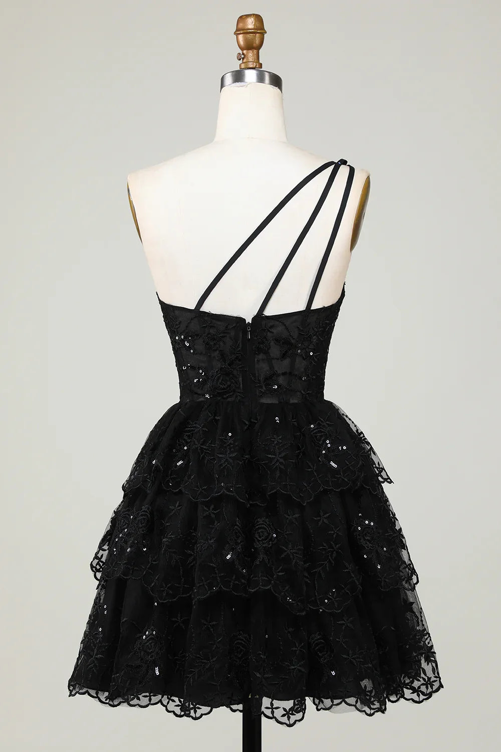 Gorgeous Black One-shoulder Appliques Tulle Design A-line Homecoming Dress TP3632