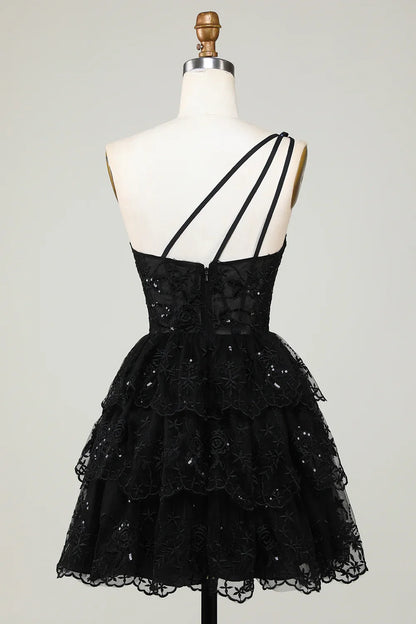 Gorgeous Black One-shoulder Appliques Tulle Design A-line Homecoming Dress TP3632
