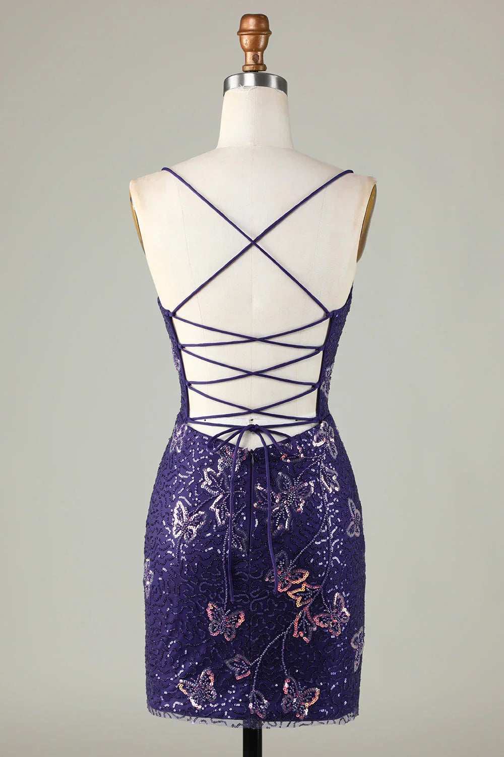 Charming Purple Sequin Design A-line Lace-up Spaghetti Strap Homecoming Dress TP3630