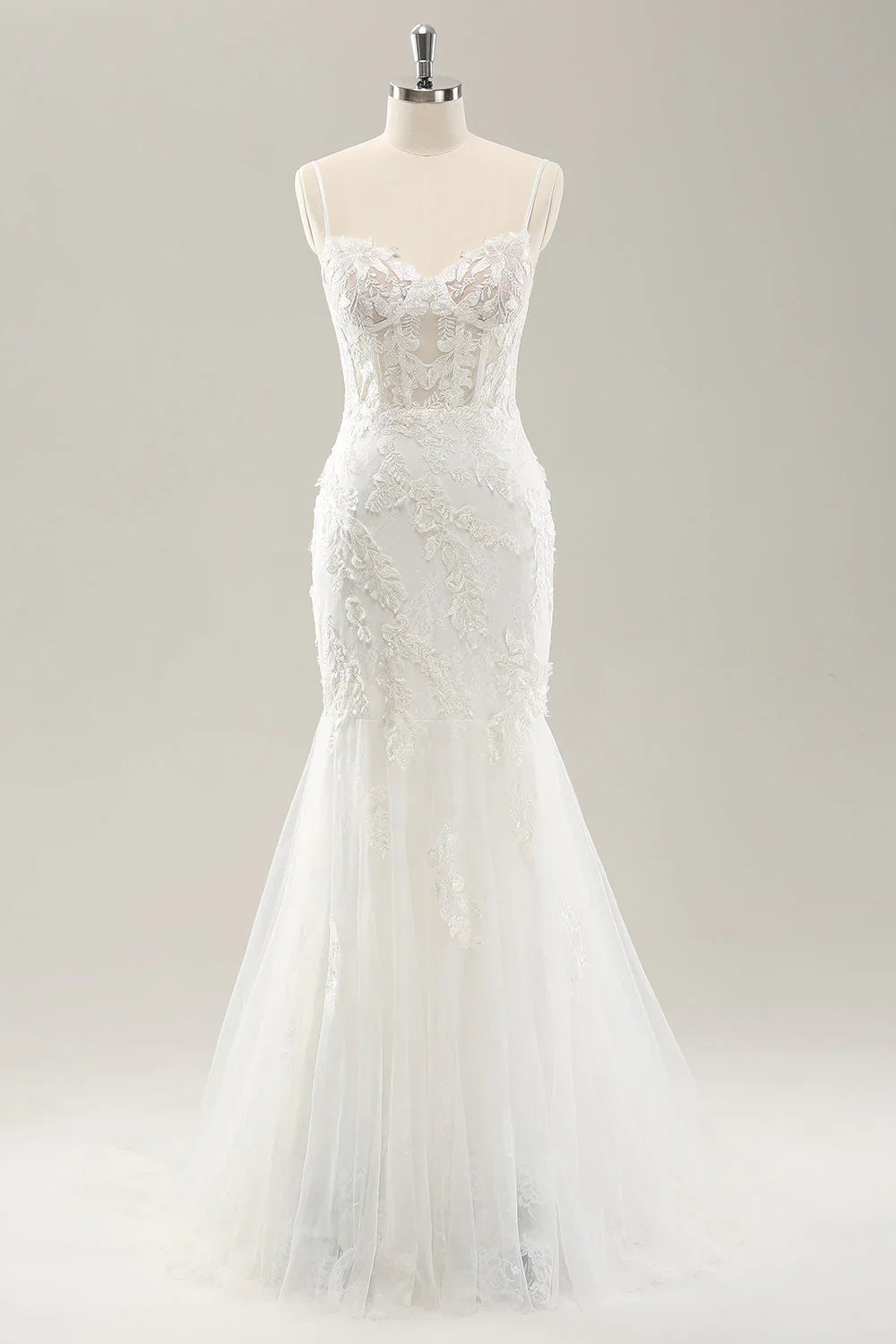 White mermaid thin shoulder strap decal lace tight corset wedding dress