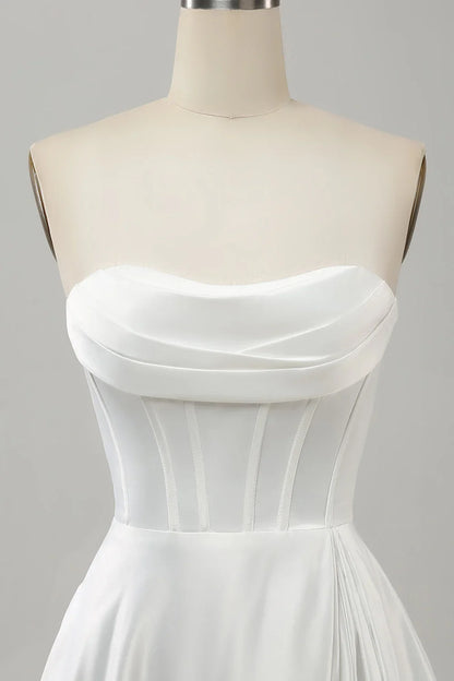Elegant white A-line strapless pleated sweep trailing slit