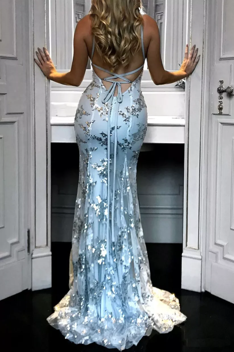 Pretty Spaghetti Straps V Neck Tulle Sequin Mermaid Evening Dress Navy Blue Long Wedding Guest Dress SP1322