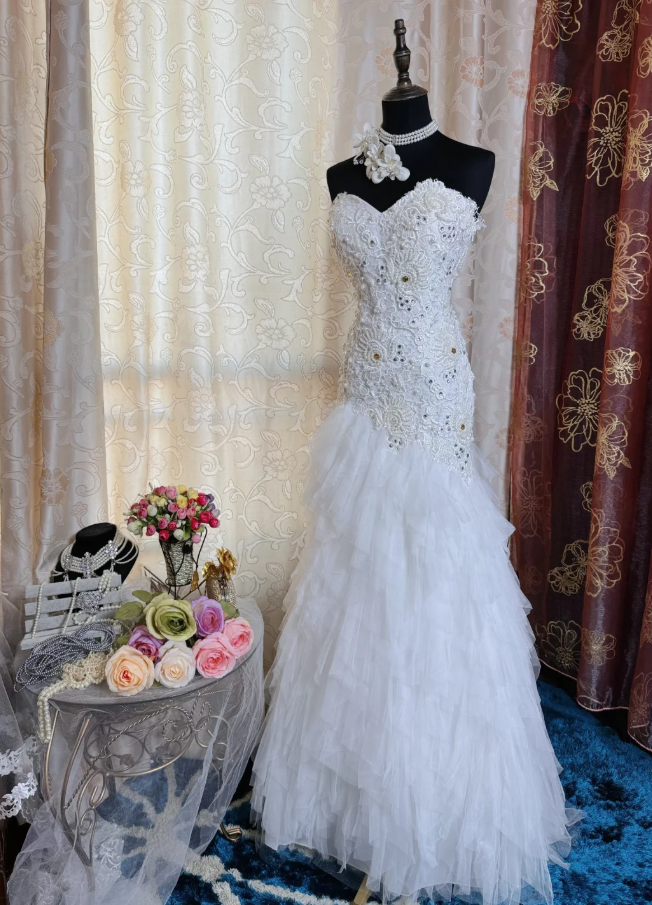 Glamorous Strapless White Lace Appliques Beaded Mermaid Long Evening Dress Birthday Prom Dress SP1615