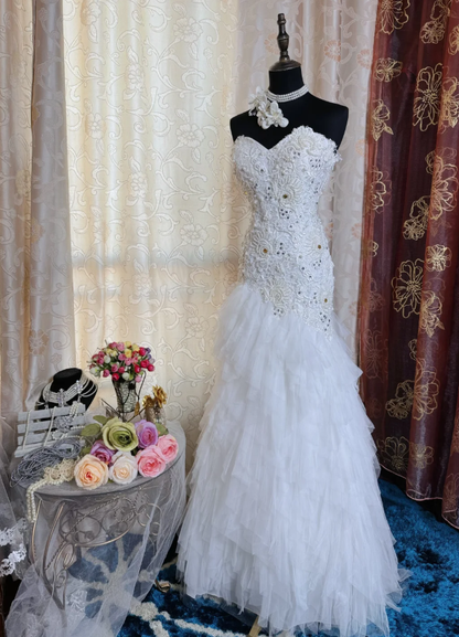 Glamorous Strapless White Lace Appliques Beaded Mermaid Long Evening Dress Birthday Prom Dress SP1615