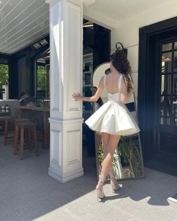 Vintage White Satin Short A-Line Party Dress Cocktail Dress Homecoming Dress TP4448