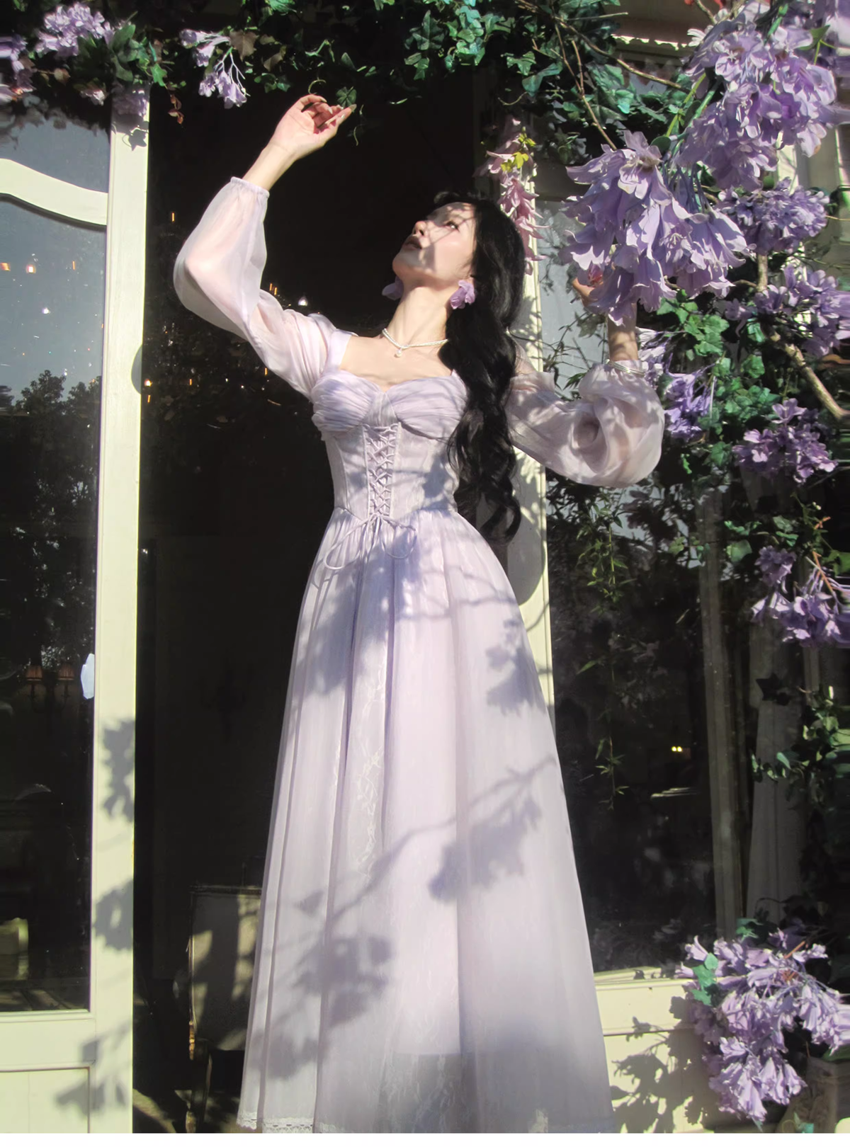 Sweet Lavender Tulle Lace A Line Long Party Dress Birthday Prom Dresses SP1500