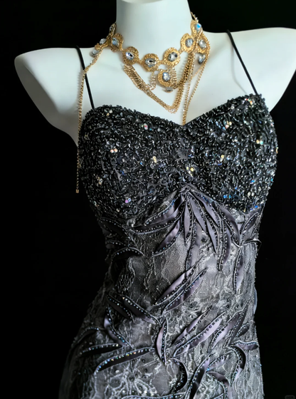 Gorgeous Spaghetti Straps Lace Beaded Mermaid Long Birthday Prom Dress Party Gown SP1636