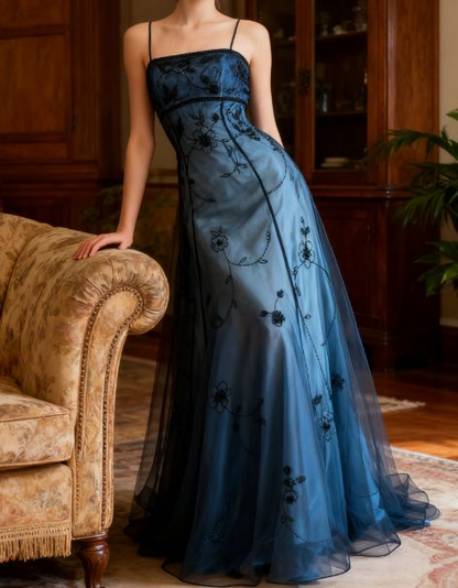 Gorgeous Spaghetti Straps Blue Tulle Beaded Mermaid Eevening Dress Long Birthday Party Gown